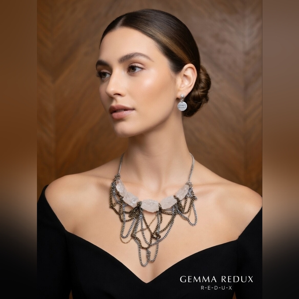 Silver Multi-Chain Necklace with Clear Stone Accents